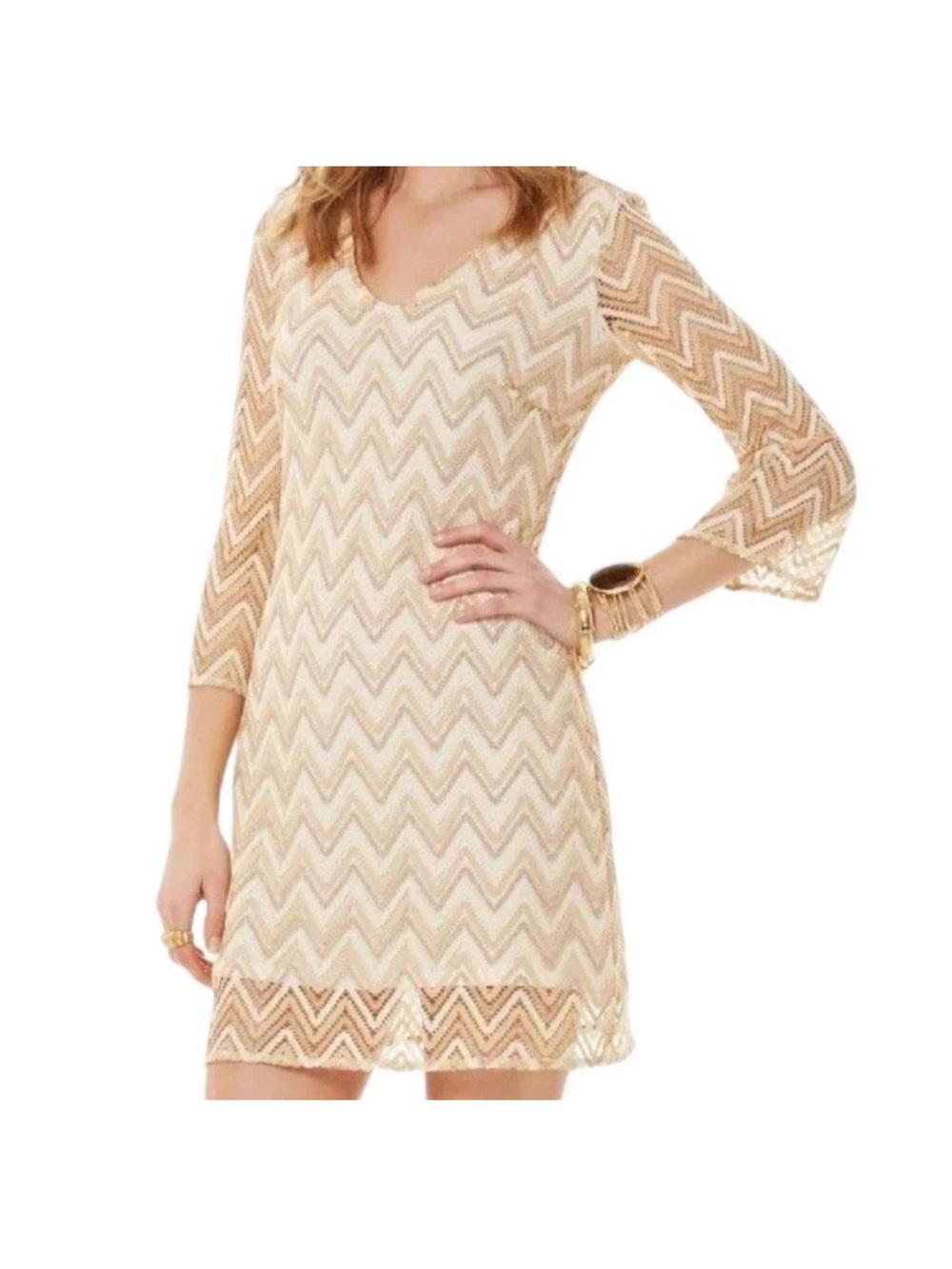 Lilly Pulitzer Beige and Cream Chevron Lace Mini Dress Size S
